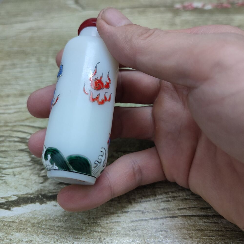 Chinese Peking Glass Snuff Bottle Carved Dragon Statue Awesome Painted Blue Art