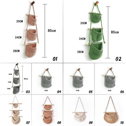 Hanging Fruit Basket Handmade Woven Jute Vegetable Storage Bag Kitchen Organizer