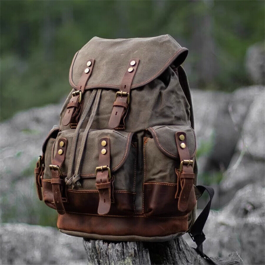 Military Retro Waterproof Oil Wax Canvas Backpack Large Capacity Man's Rucksack