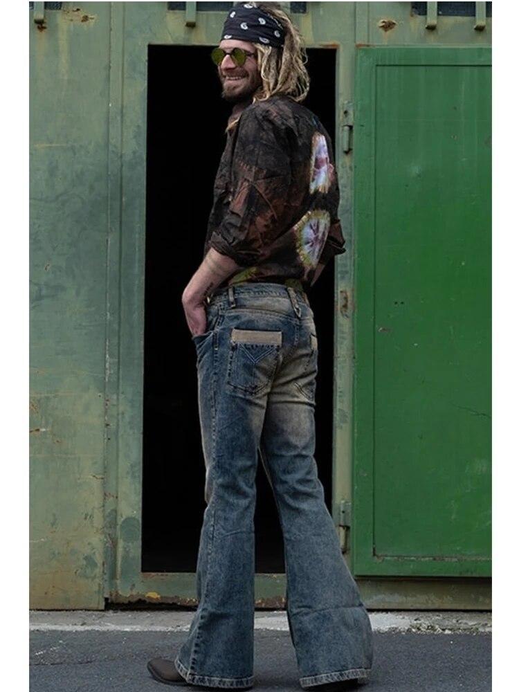 Really Punk Retro Men Bell Bottom Jeans Slim Flared Denim Pants 60s 70s Trousers