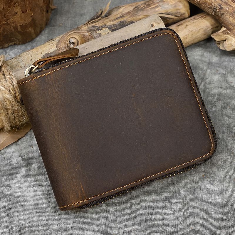 Genuine Leather Zipper Wallet Cowskin Short Purse Coin Pocket Zip Card Bag Small