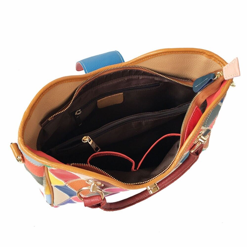 Top Cow Leather Colorful Patchwork Handbags, Desinger Women's Tote Shoulder Bag
