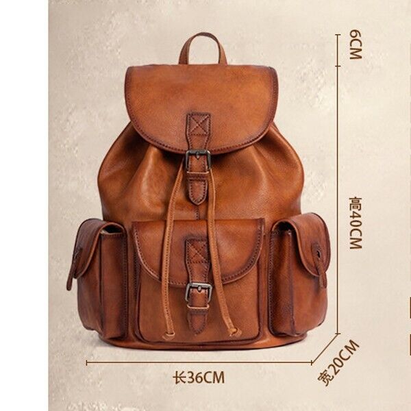 Cow Leather Men's Drawstring Backpack, Retro Travel Bag 15.6" Laptop Backpack