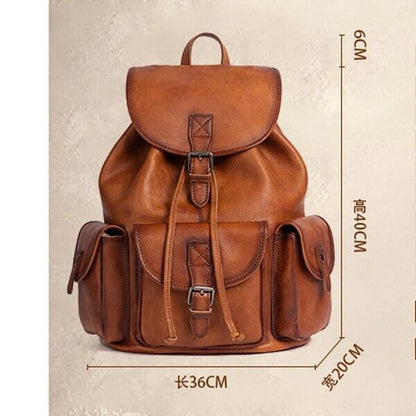 Cow Leather Men's Drawstring Backpack, Retro Travel Bag 15.6" Laptop Backpack