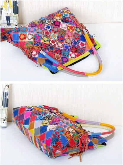 Genuine Leather Cowhide Bag Handmade FlowersShoulder Bag Female Handbag