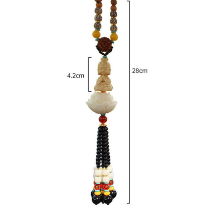 Boxwood Carved Lotus Buddha Guanyin Car Pendant Figurines Hanging Decor