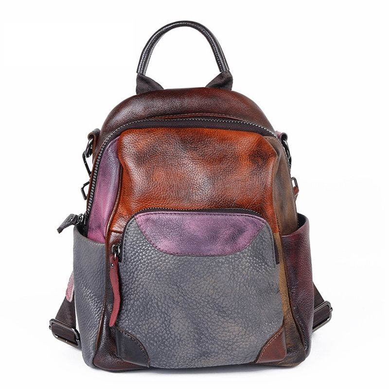 Cowhide Retro Style Genuine Leather Backpack Small School Knapsack Bag 20L Brown