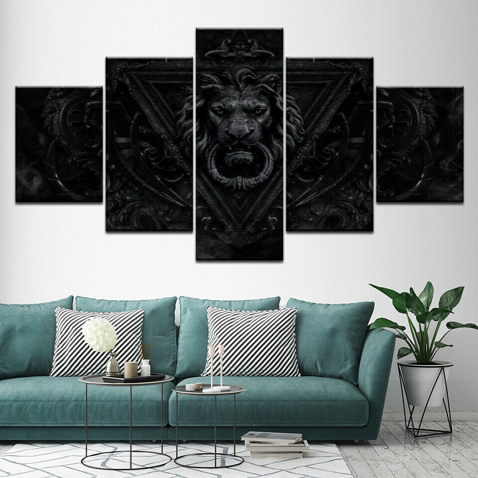 Lion Head iron Portrait Wall Art Painting Print On Canvas 5 Panels No Framed
