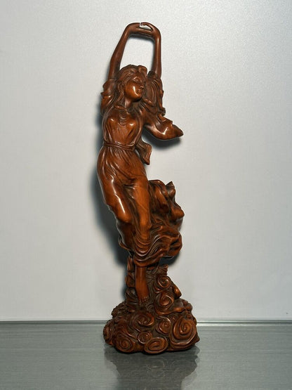Chinese Wood Carved Boxwood Pretty Woman Girl Statue Wooden Sculpture Home Decor
