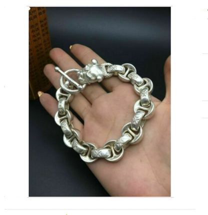 Asian chinese old miao silver hand cast dog statue bracelet jewel cool gift