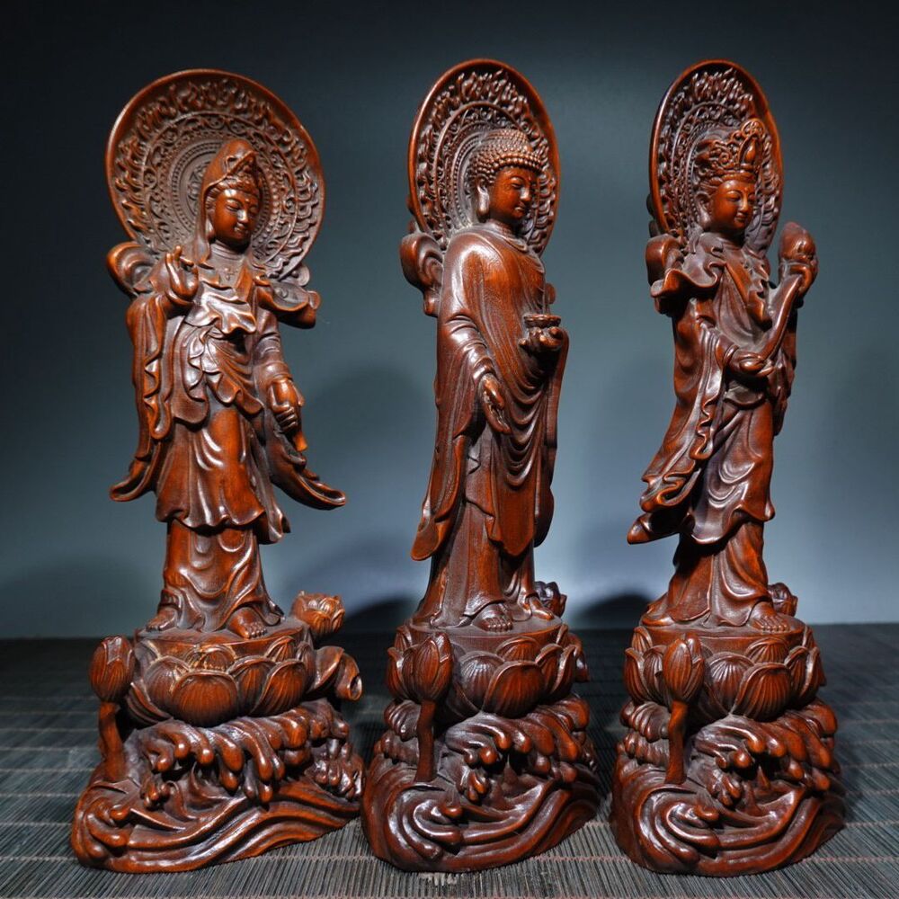 Antique Chinese Boxwood Carving Buddha Statue Wooden Sculptures Decor Collection