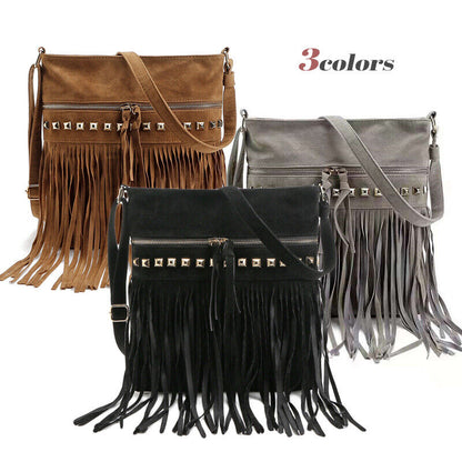 Women Cross Body Shoulder Bag Suede Fabric Rivet Tassel Bag Outdoor Travel