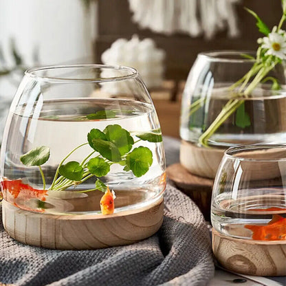 Fish Tanks Transparent Glass Wooden Tray Circular Office Small Goldfish Aquarium