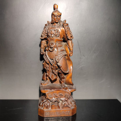 8" Boxwood wood carving Zhao Zilong statue home decor figurines fierce fighter