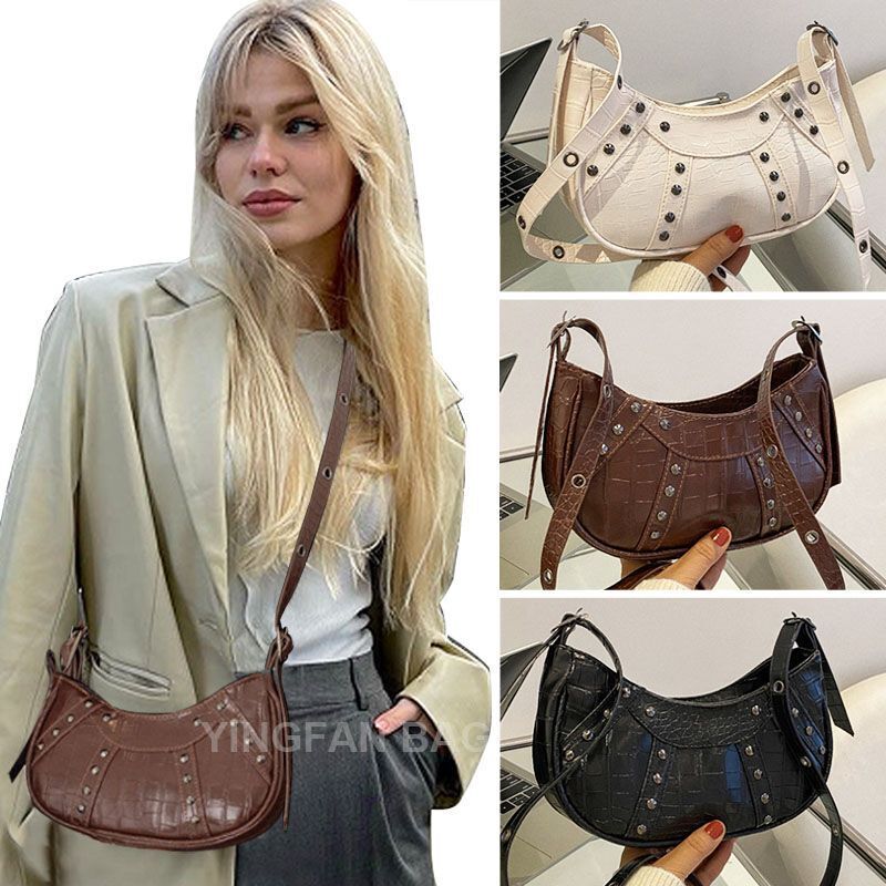 Rivet Hobos Shoulder Bag Vintage Leather Clutch Purse Handbag Underarm 23*15*7CM