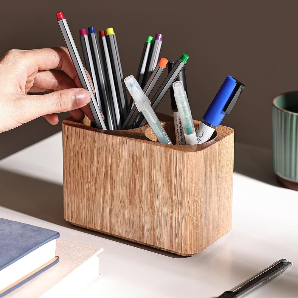 Wooden Pen & Pencil Holder Oak Solid Stationery Organizer Desk Accessories Gift