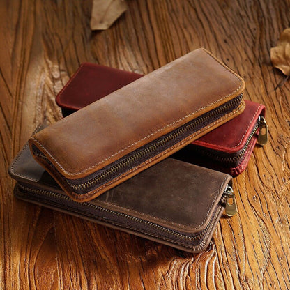 Handmade Cowhide Leather Zipper Pen Case, Pencil Case Stationery Storage Bag