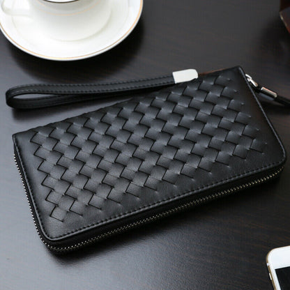 Men's Long Wallet New Designer Weaving Clutch Wallet Microfiber Leather Bag