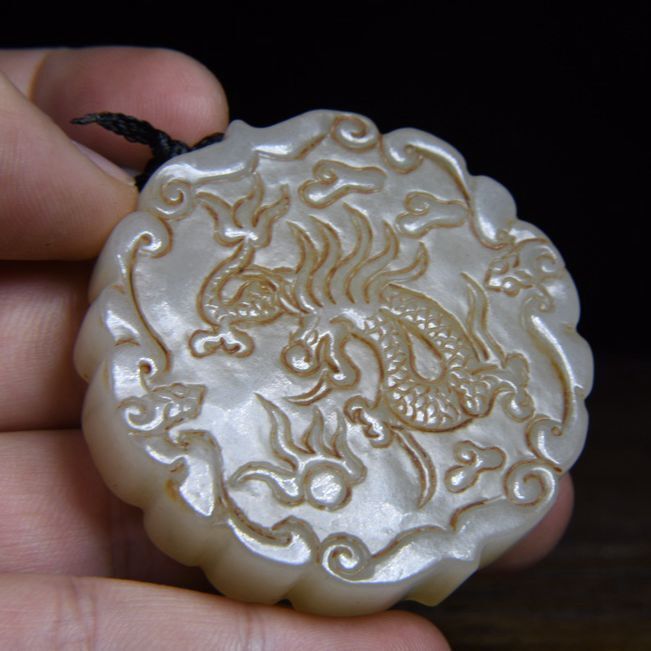 Chinese Natural Hetian Jade Carved Dragon Phoenix Statue Lucky Pendants Jewelry