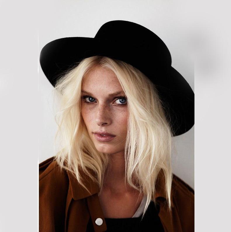 Flat Top Hat Wool Pork Pie Boater Fashion for Men Women Wide Brim Gambler Hat