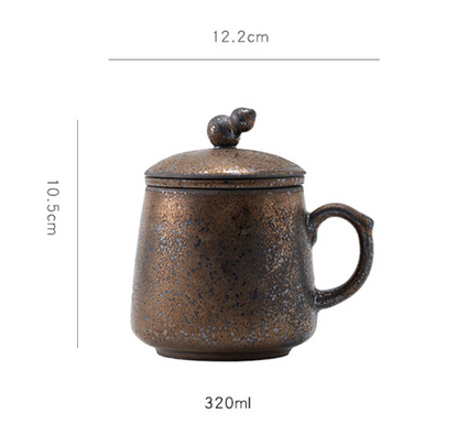 Coarse Pottery Tea Mug Ceramic Tea Cup with Gourd Lid