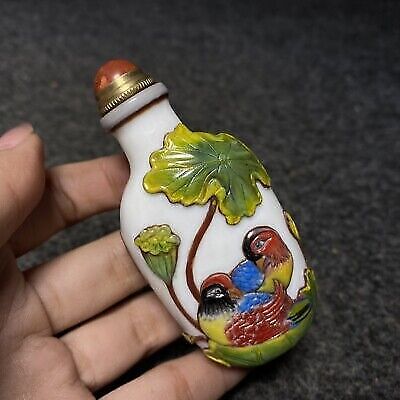 vintage chinese carved peking glass snuff bottle rare lovers bird boxes beijing