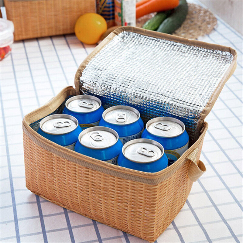Straw Woven Waterproof Insulated Thermal Bento Lunch Tote Bag Travel Picnic.t2