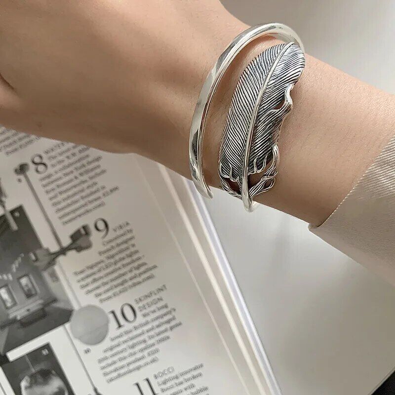Vintage Handmade 925 Sterling Silver Creative Elegant Feather Bracelet Bangle