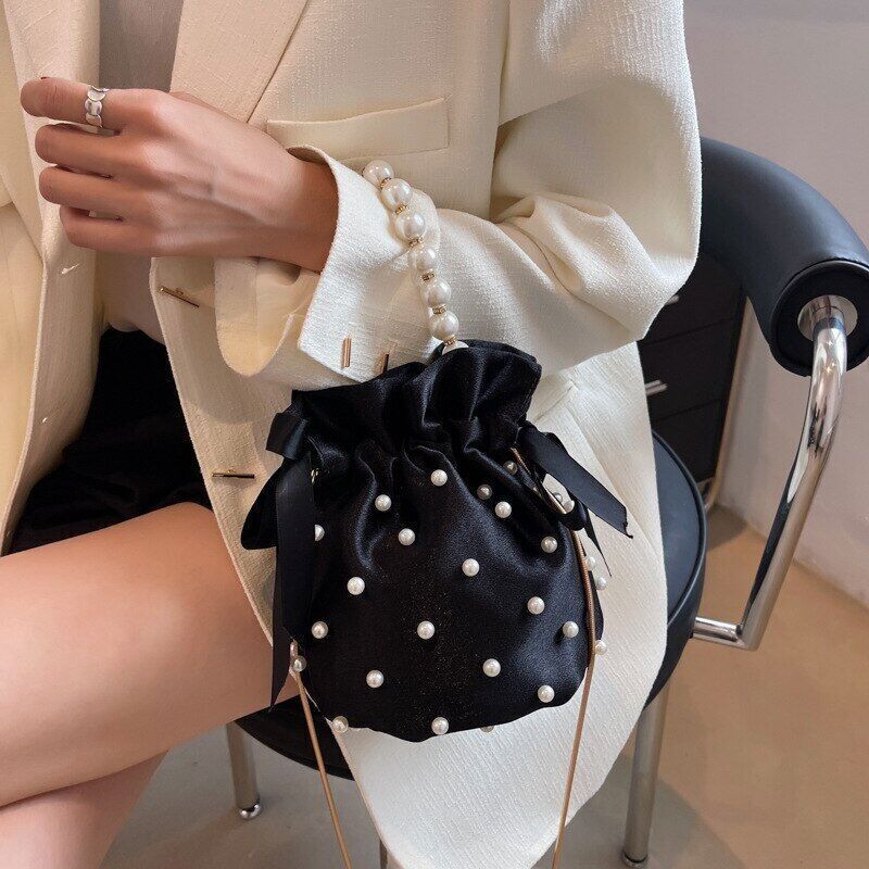 Shoulder Bags Women Ladies Handbag Pearl Silk Female Bucket Crossbody Bag