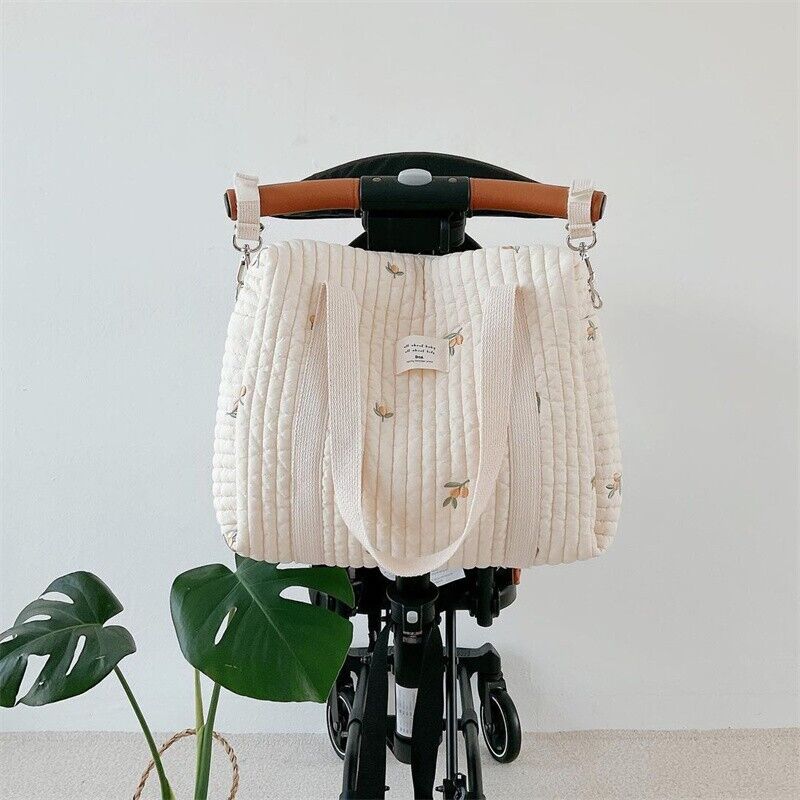 Flower Embroidery Pattern Baby Beige Cotton Fabric Zipper Diaper Handbag Bag
