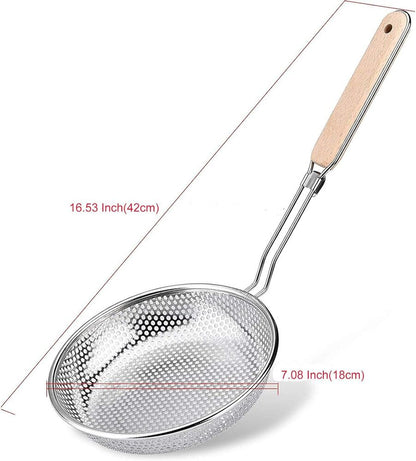 Stainless Steel Skimmer Strainer with Wooden Handle Pasta Noodle Net Kitchen