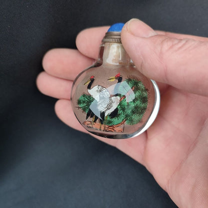 Chinese Glass Snuff Bottle With Inside Painting Crane Pine Orane Figurine Art