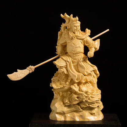 16CM Guan Yu Statue Buddha Statue Solid Wood Feng Shui Boxwood Carving Home