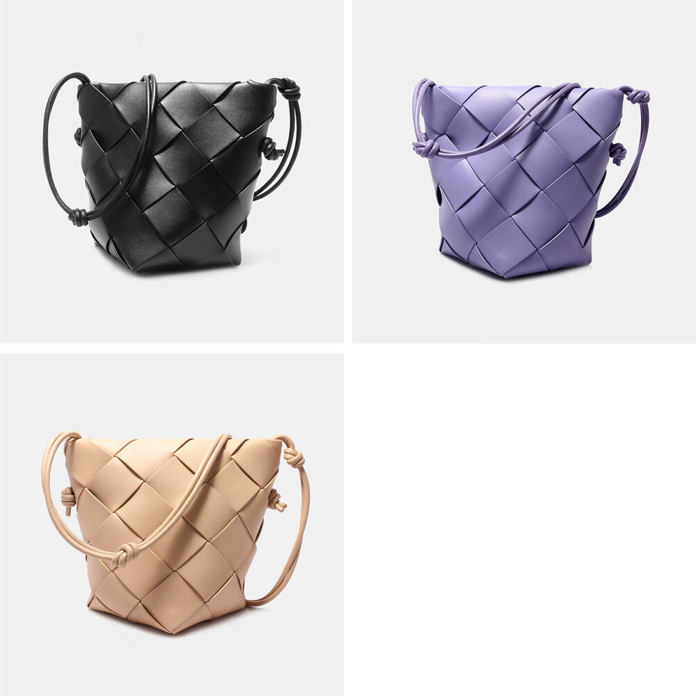 Woven Real Leather Bucket Basket Shoulder Bag Clutch Purse Tote Crossbody Women