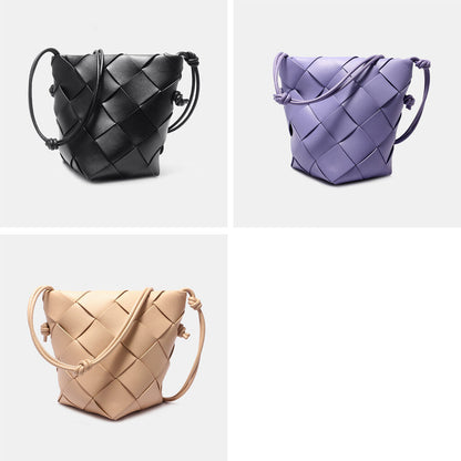 Woven Real Leather Bucket Basket Shoulder Bag Clutch Purse Tote Crossbody Women