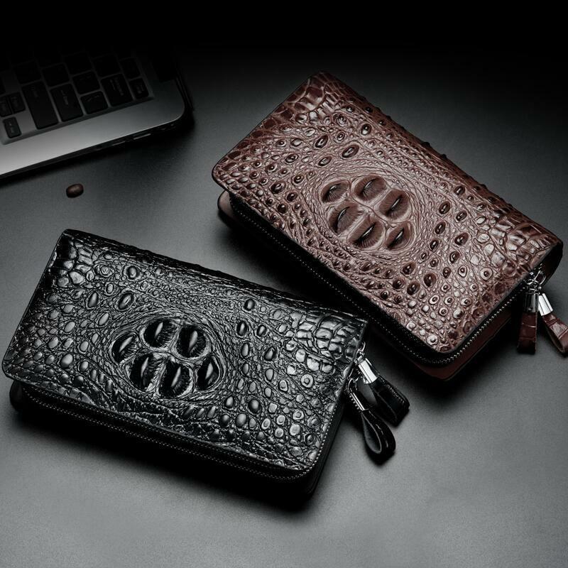 Business Clutch Bag Leather Crocodile Mens Double Zipper Long Wallet Card Holder