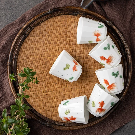 Ceramic Tea Cup Set of 6 Cute Fish Chinese Tea Cups 60ml