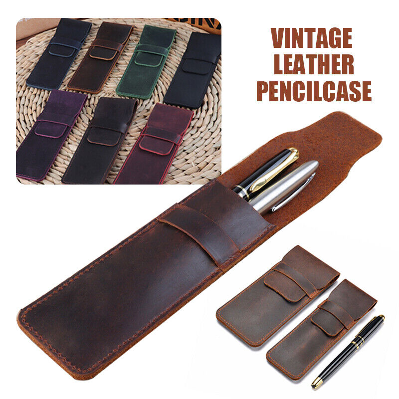 Retro Vintage Handmade Genuine Leather Pencil Bag Fountain Pen Case Pocket Pouch