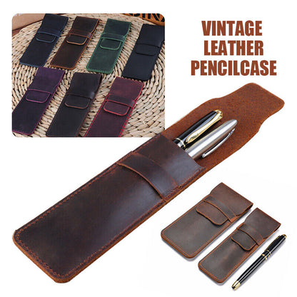Retro Vintage Handmade Genuine Leather Pencil Bag Fountain Pen Case Pocket Pouch