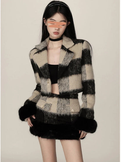 Spring Short Skirt Set Plaid Suit Set Women Skirt Office Ladies Two Piece