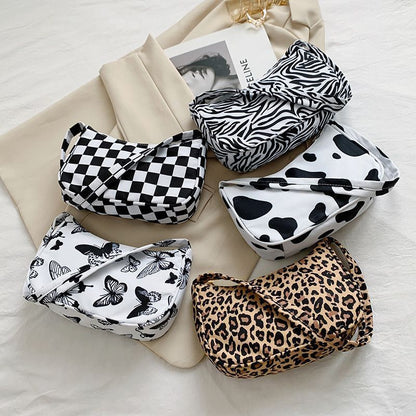 Animal Pattern Print Nylon Shoulder Bag Small Handbag Underarm Bags Purse Zipper