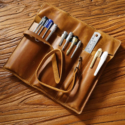 Pencil Case Genuine Leather Tie Rope W/Key Pen School Storage Bag Holder 20x18cm