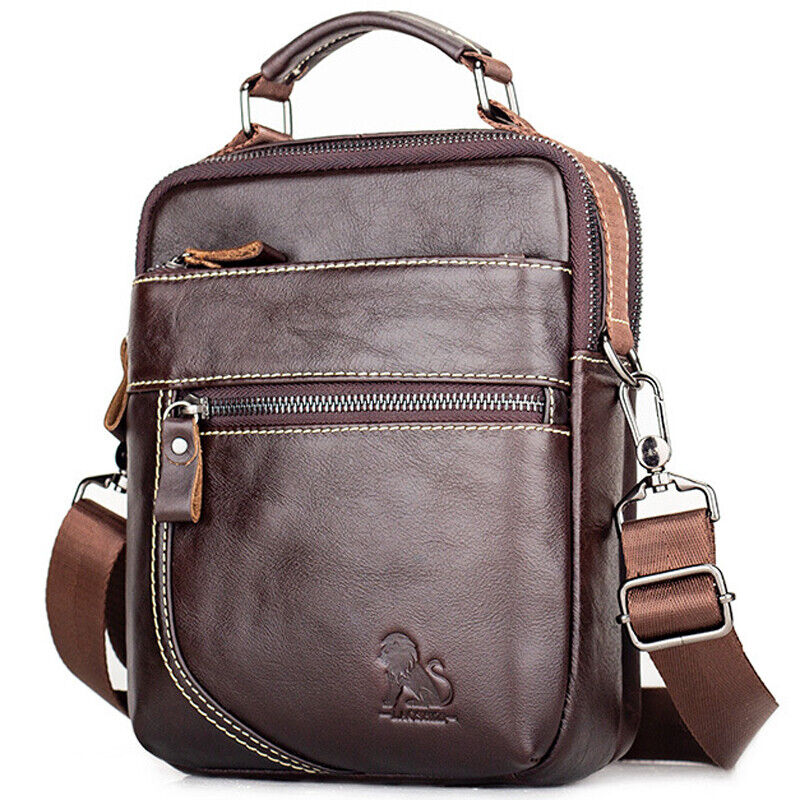 100% Genuine Leather Men's Sling Shoulder/Messenger Bag Double Zipper 8" Handbag
