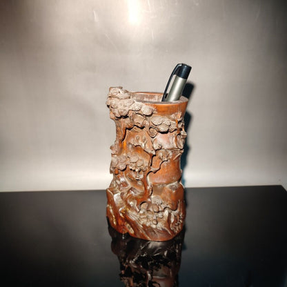 Pine bamboo statue desk study room chinese wood brush pot wooden decor carving