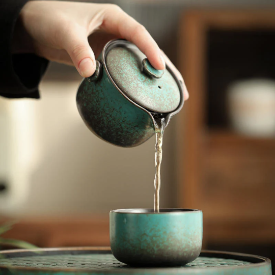 Green Ceramic Teapot with 4 Cups Portable Travel Tea Set with Case