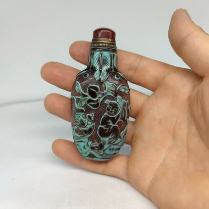 vintage carved glass snuff bottle snuffbox rare glaze Figure-story antique child