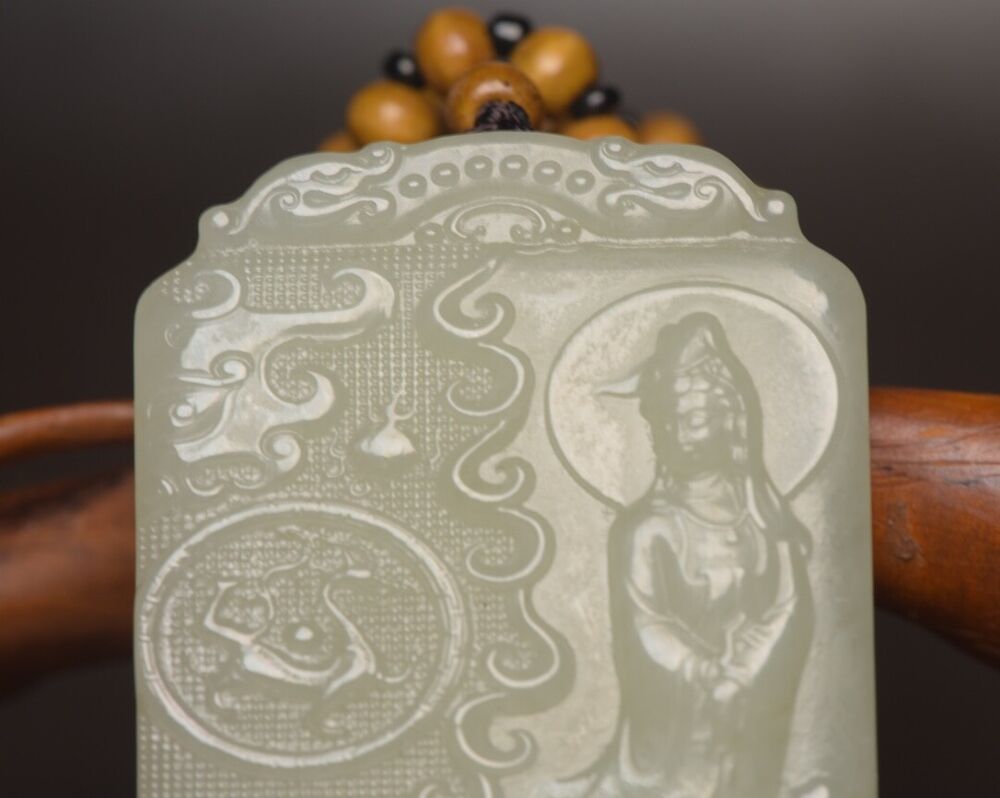 China Natural Hetian Jade Carved Kwan Yin Statue Nice White Jade Pendant Jewelry