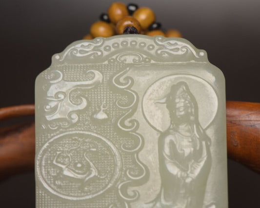 China Natural Hetian Jade Carved Kwan Yin Statue Nice White Jade Pendant Jewelry
