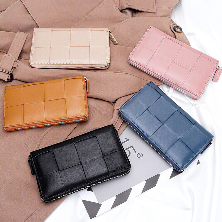 Real Sheepskin Leather Long Wallet Women Weaving Clutch Bag Zipper Phone Holder