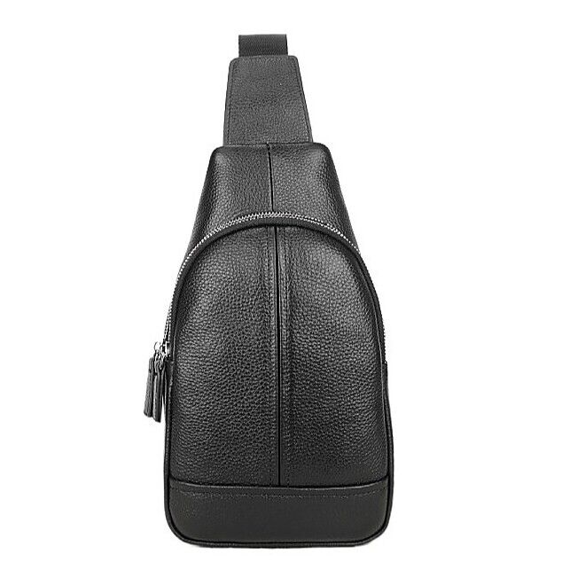 Real Cow Leather Black Men Sling Backpack Crossbody Bag for Hiking Shoulder Bag